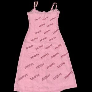 SKIMS Rhinestone Logo Pointelle Mini Slip Dress in Bubble Gum Pink Size XXS